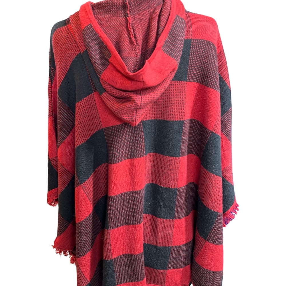 Poncho, Buffalo Plaid, One Size, Warm, Knitted, Fall, Winter, Hooded, Cape - Picture 2 of 3